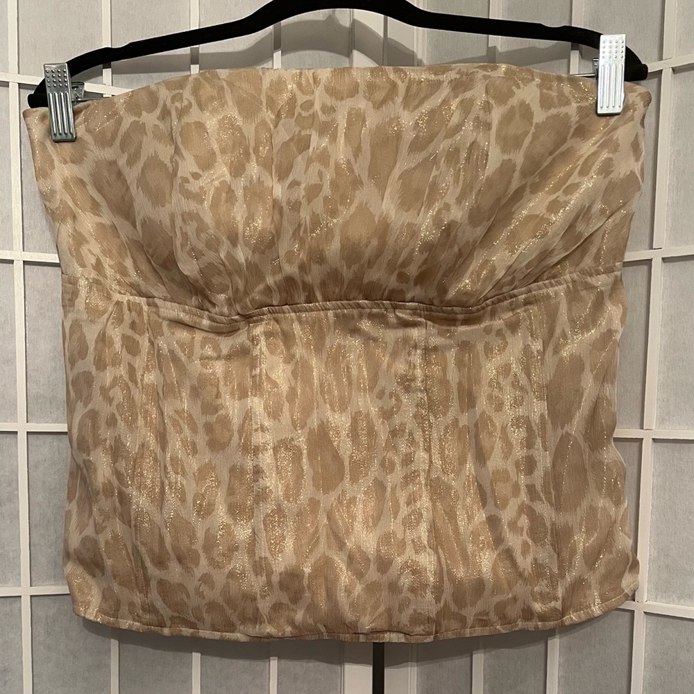 ARDEN B. Strapless Silk Metallic Gold Beige Leopard Print Bustier Top NWT